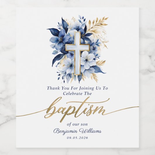 Goud & Blauw Waterverf Bloemen Jongen Doop Wijn Etiket (Enkel label)