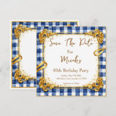 Goud Blauw Wit Gingham Luxe Modern Trend Chic Save The Date (Voorkant / Achterkant)