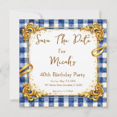 Goud Blauw Wit Gingham Luxe Modern Trend Chic Save The Date (Voorkant)
