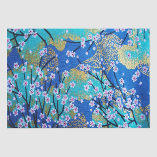 Goud Blauw Wit Japans Kimono Bloemen Decoupage Tissuepapier (Voorkant)