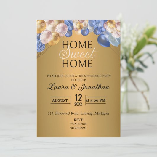 Goud Blauw Zilver Glitter Housewarming Party Kaart (Staand voorkant)