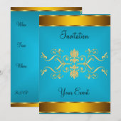 Goud Blauwachtige kleur Feest Uitnodiging (Voorkant / Achterkant)