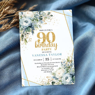 Goud Blauwe Aquarel Elegante 90e Verjaardagsuitnod Kaart
