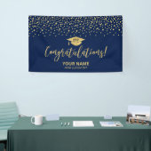 Goud & Blauwe Confetti Felicitaties Afstuderen Spandoek (Beurs)
