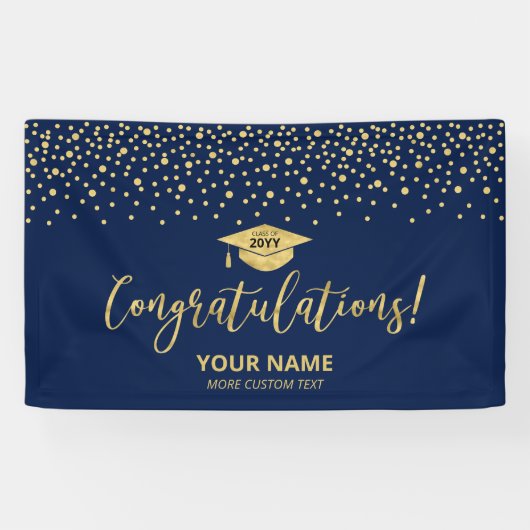 Goud & Blauwe Confetti Felicitaties Afstuderen Spandoek (Horizontaal)