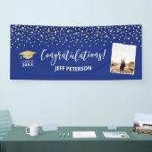 Goud & Blauwe Confetti Felicitaties Afstuderen Spandoek (Beurs)