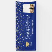Goud & Blauwe Confetti Felicitaties Afstuderen Spandoek (Verticaal)