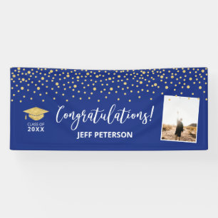 Goud & Blauwe Confetti Felicitaties Afstuderen Spandoek