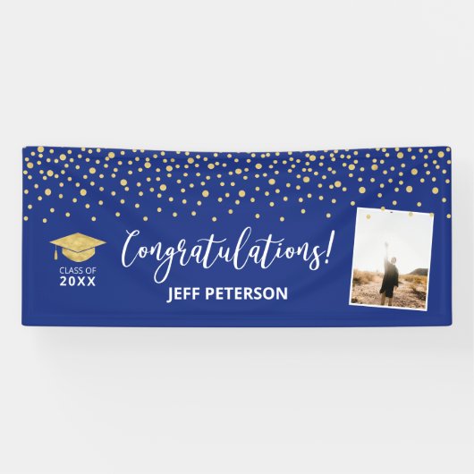 Goud & Blauwe Confetti Felicitaties Afstuderen Spandoek (Horizontaal)