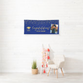 Goud & Blauwe Confetti Felicitaties Afstuderen Spandoek (Insitu)