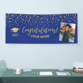 Goud & Blauwe Confetti Felicitaties Afstuderen Spandoek (Beurs)