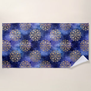 Goud & Blauwe Galaxy Dharma Mandala Patroon Strandlaken
