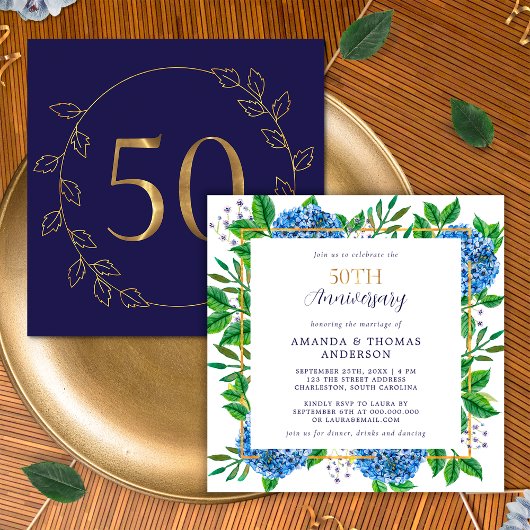 Goud Blauwe Hortensia 50ste Trouwdag Jubileum Kaart