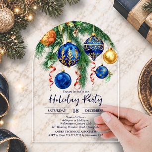 Goud & Blauwe Kerst Ornamente Feest Boogvormig Acryl Uitnodigingen