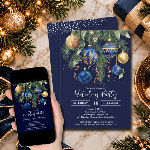 Goud & Blauwe Kerst Ornamente Feest Kaart