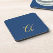Goud & Blauwe Kleur Monogram Professionele Initiaa Bier Onderzetter (Linkerzijde)