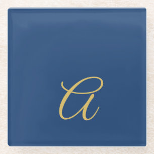 Goud & Blauwe Kleur Monogram Professionele Initiaa Glazen Onderzetter