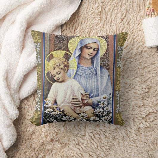 Goud/blauwe maagd houdt Baby Jezus aan de grens va Kussen (Deken)