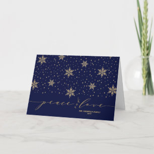 Goud & Blauwe Sneeuwvlokken Vrede & Liefde Kerstmi Feestdagen Kaart