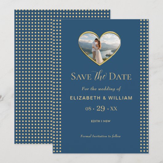 Goud & Blauwe Stip Persoonlijke Trouwdag Save The Date (Voorkant / Achterkant)