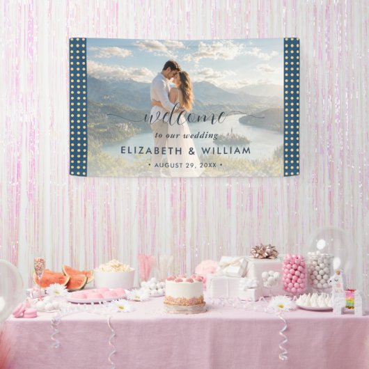 Goud & Blauwe Stippen Persoonlijke bruiloft Spandoek (Feest)