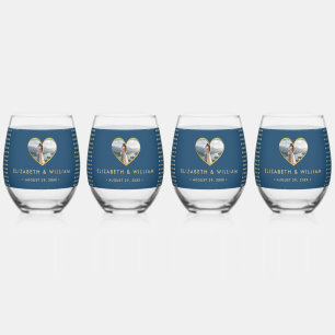 Goud & Blauwe Stippen Persoonlijke bruiloft Wijnglas Zonder Voet