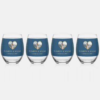 Goud & Blauwe Stippen Persoonlijke bruiloft Wijnglas Zonder Voet