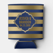 Goud & Blauwe Strepen Geometrisch Patroon 2 Blikjeskoeler (Voorkant)
