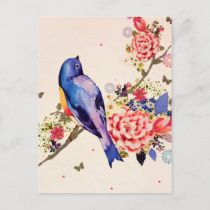 Goud Blauwe Vogel Rode Bloem Vlinder Glitter Feestdagenkaart