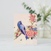 Goud Blauwe Vogel Rood Bloemmot Glitter Feestdagenkaart (Staand voorkant)