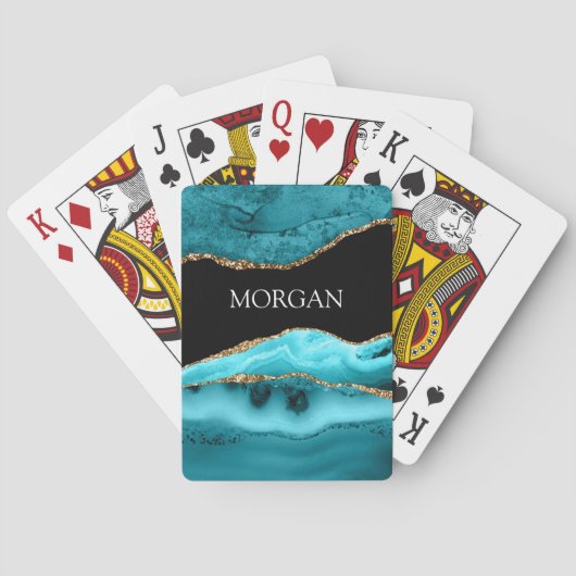 Goud & Blauwgroen Agaat, Glitter, Witte Naam op Zw Pokerkaarten (Achterkant)