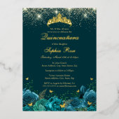 Goud Blauwgroen Blauw Bloemen Vlinder Tiara Quince Folie Uitnodiging (Voorkant)