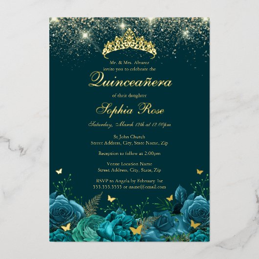 Goud Blauwgroen Blauw Bloemen Vlinder Tiara Quince Folie Uitnodiging (Voorkant)