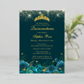 Goud Blauwgroen Blauw Bloemen Vlinder Tiara Quince Folie Uitnodiging (Staand Voorkant)
