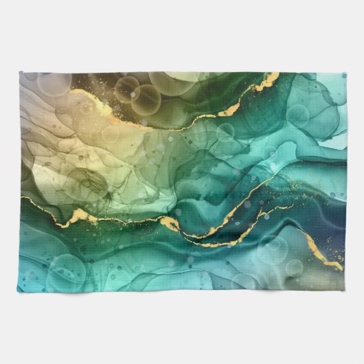 Goud, Blauwgroen en donkergrijs vloeibare inkt Theedoek (Horizontaal)