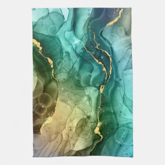 Goud, Blauwgroen en donkergrijs vloeibare inkt Theedoek (Verticaal)