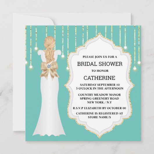 Goud blauwgroen glitterbruid kleed elegant shimmer kaart (Voorkant)