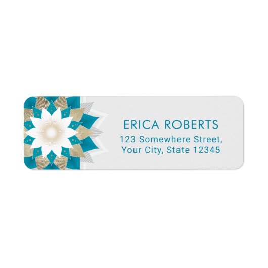 Goud & Blauwgroen Lotus Bloem Mandala Elegant Etiket (Voorkant)