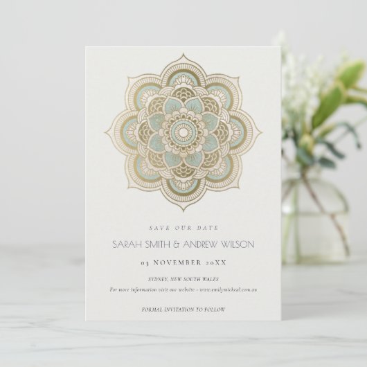 goud Blauwgroen Mandala sparen de Datum Uitnodigi Bedankkaart (Staand voorkant)