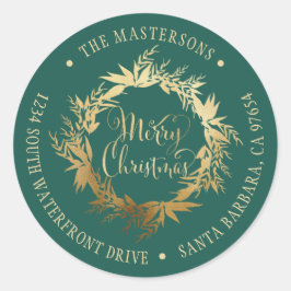 Goud Blauwgroen Merry Christmas Wreath Retouradres Ronde Sticker