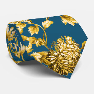 Goud Blauwgroen Modern Botanisch Bloementoilet Stropdas