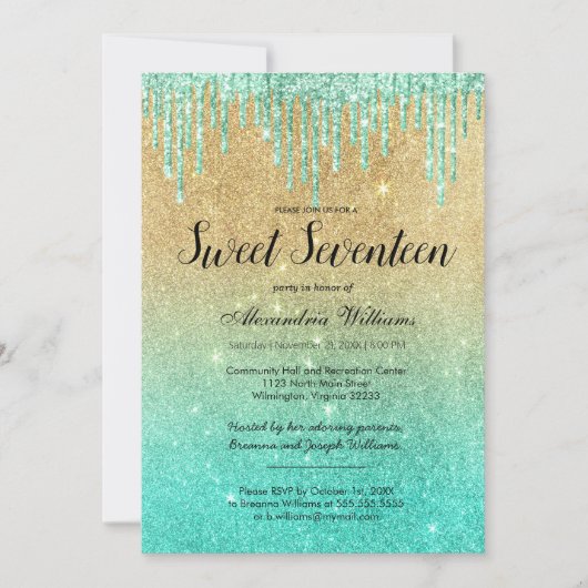Goud blauwgroen ombre glitter druppels Sweet Seven Kaart (Voorkant)