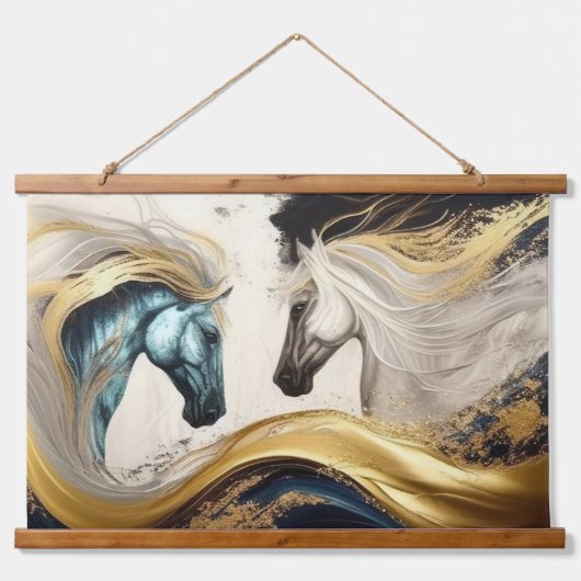 Goud Blauwgroen Paarden Abstract Modern Olieverfsc Hangend Wandkleed (Voorkant)
