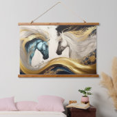 Goud Blauwgroen Paarden Abstract Modern Olieverfsc Hangend Wandkleed (Slaapkamer)