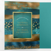 Goud, blauwgroen penseelstreken, confetti trouwpro drieluik uitnodiging (Binnenzijde eerst)