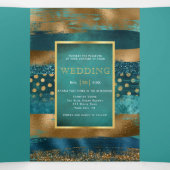 Goud, blauwgroen penseelstreken, confetti trouwpro drieluik uitnodiging (Binnenkant midden)