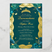 Goud Blauwgroen Roos Kant Quinceanera Verjaardag Folie Uitnodiging (Voorkant)