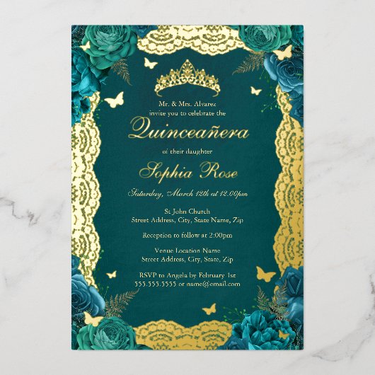 Goud Blauwgroen Roos Kant Quinceanera Verjaardag Folie Uitnodiging (Voorkant)