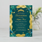 Goud Blauwgroen Roos Kant Quinceanera Verjaardag Folie Uitnodiging (Staand Voorkant)