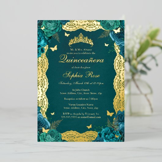 Goud Blauwgroen Roos Kant Quinceanera Verjaardag Folie Uitnodiging (Staand Voorkant)